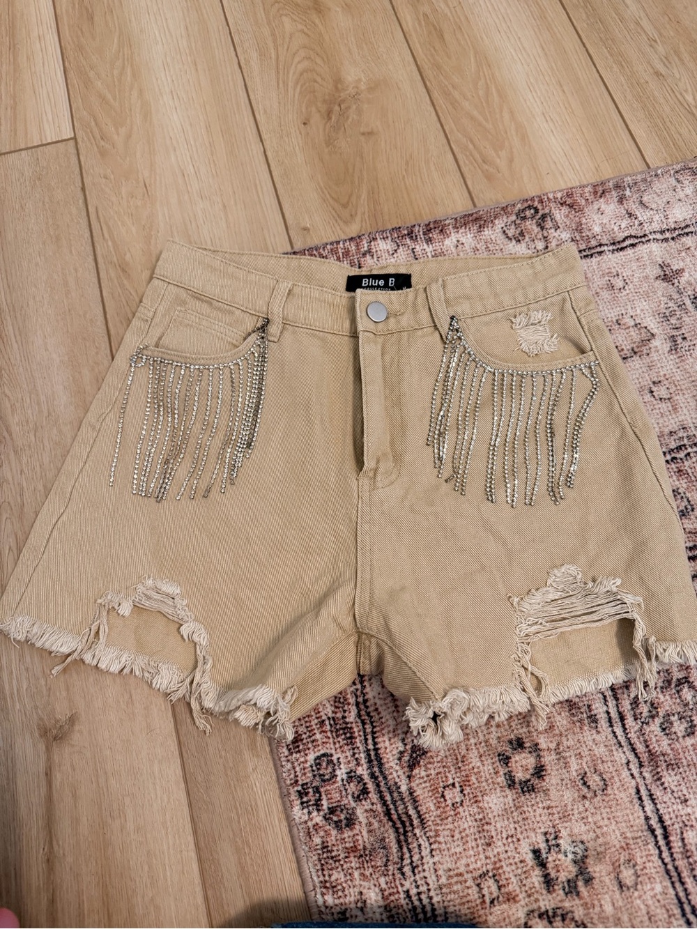 Tan Distressed Fringe Denim Shorts with Rhinestone Tassels